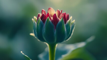 Close-up of a vibrant flower bud with red petals and green sepals against a blurred natural background : Generative AI