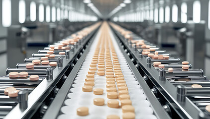 Obraz premium antibiotic tablet production line, pharmaceutical manufacturing 