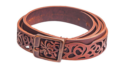 Decorative brown leather belt with intricate floral design on a white isolated background.