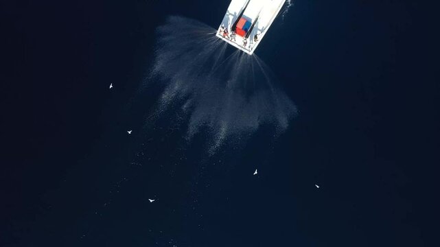 Aerial view pole and line fishing of Maldives by small boat on cocea
