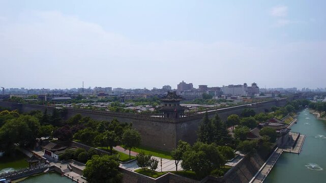 Aerial View of the Ancient City Wall and Northeast Corner Tower Skyline in Xi'an, Shaanxi Province, China
