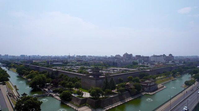 Aerial View of the Ancient City Wall and Northeast Corner Tower Skyline in Xi'an, Shaanxi Province, China
