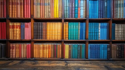 Library with colorful book spines arranged neatly on polished wooden shelves