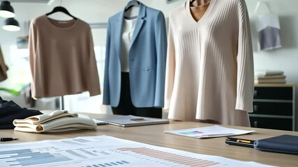 Fashion Executives Analyzing Business Charts and Clothing Samples - Powered by Adobe