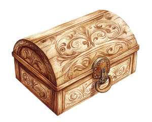 Ornate wooden treasure chest with intricate carvings and a shiny lock.