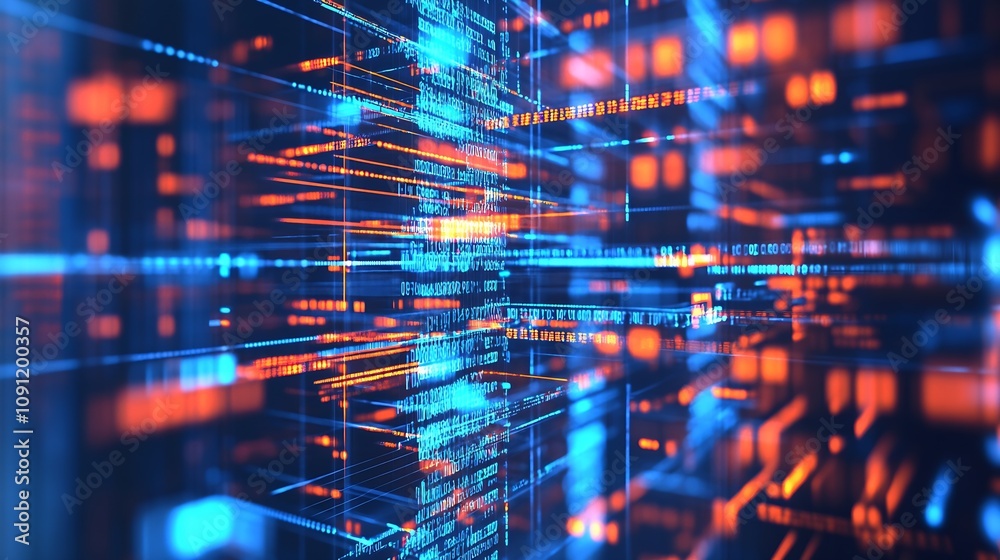 Poster vibrant technological matrix with neon blue and orange light patterns : generative ai