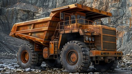 Obraz premium A large, rugged dump truck designed for heavy-duty transportation in mining or construction environments.
