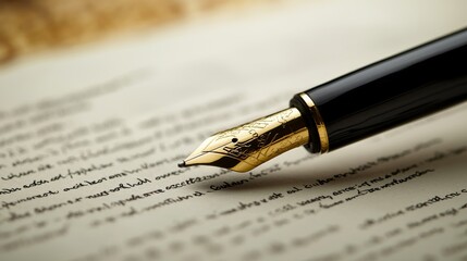 Writing inspiration elegant fountain pen on vintage paper home office still life warm environment creative expression