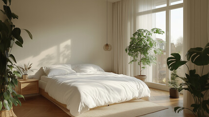 Fototapeta premium Minimalist bedroom with a clean layout, natural light filtering through large windows, simple white and beige color palette