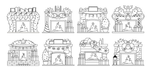 Obraz premium Christmas fireplaces decorated with traditional winter holidays ornaments black-and-white set