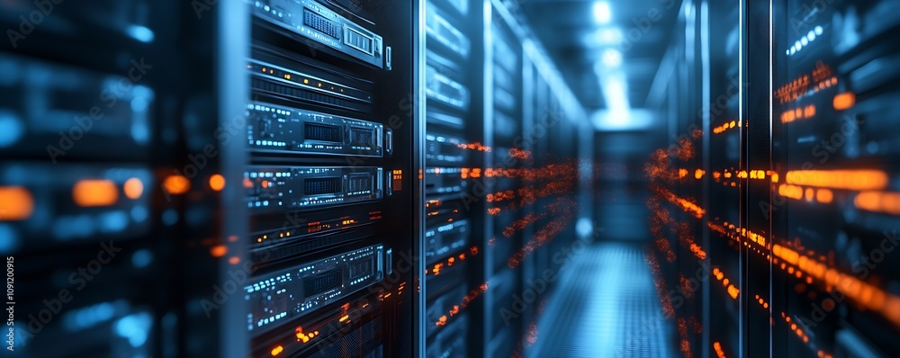 Poster Advanced Data Center Corridor with Glowing Orange and Blue Server Racks for High Tech Networking : Generative AI