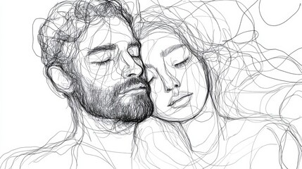 Fototapeta premium Black white line drawing man woman left side Abstract one art