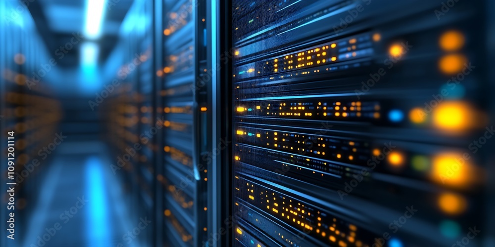 Leinwandbilder illuminated server room with vibrant led lights and advanced technology racks : generative ai