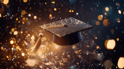 Naklejka premium Sparkling Graduation Cap Celebration, Achievement, Success, Future, Golden, Glitter, Bokeh, Educatio