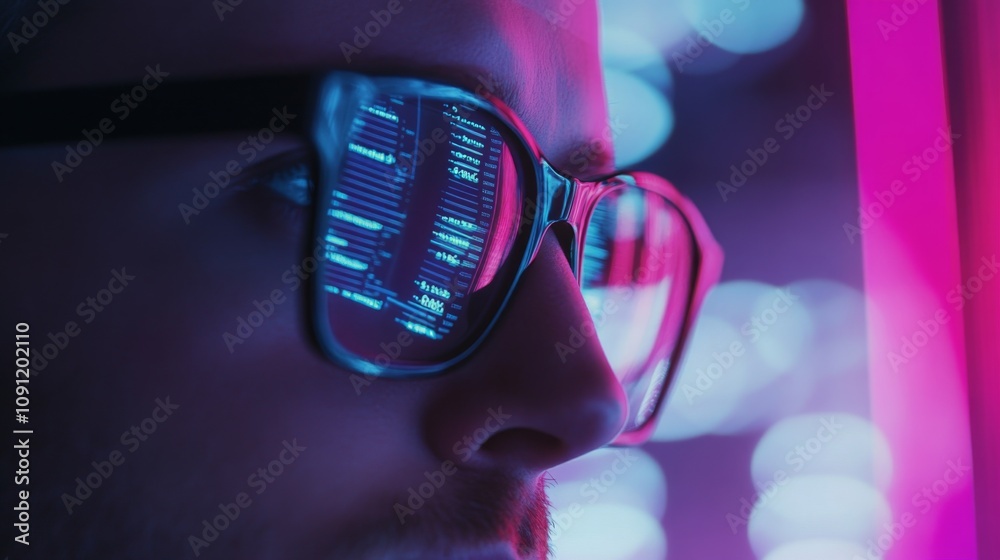 Aufkleber A person in glasses is intently observing lines of computer code illuminated by vibrant lights in a dimly lit room. The colorful hues reflect off the lenses, creating an engaging atmosphere.