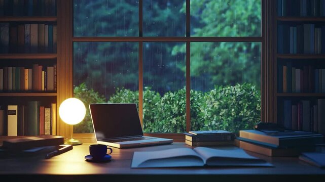 雨の日のデスク 雨 パソコン 窓 ループ素材 背景素材 シームレスループ animated background