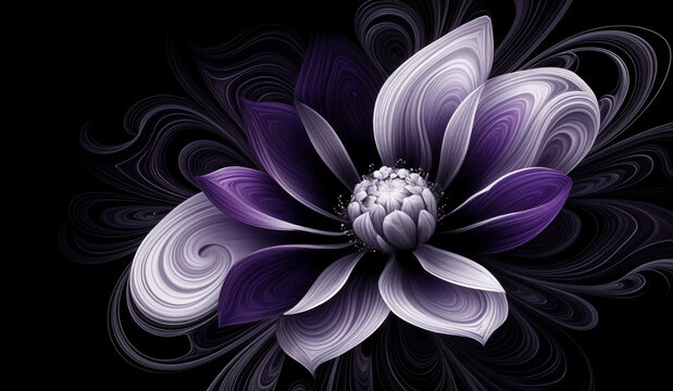 Abstract swirling purple and white flower on black