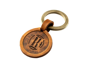 Wooden keychain with engraved logo on white isolated background.