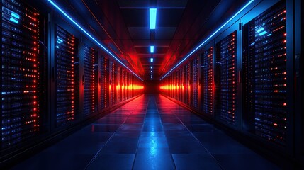 Fototapeta premium A futuristic data center corridor illuminated by blue and red lights.