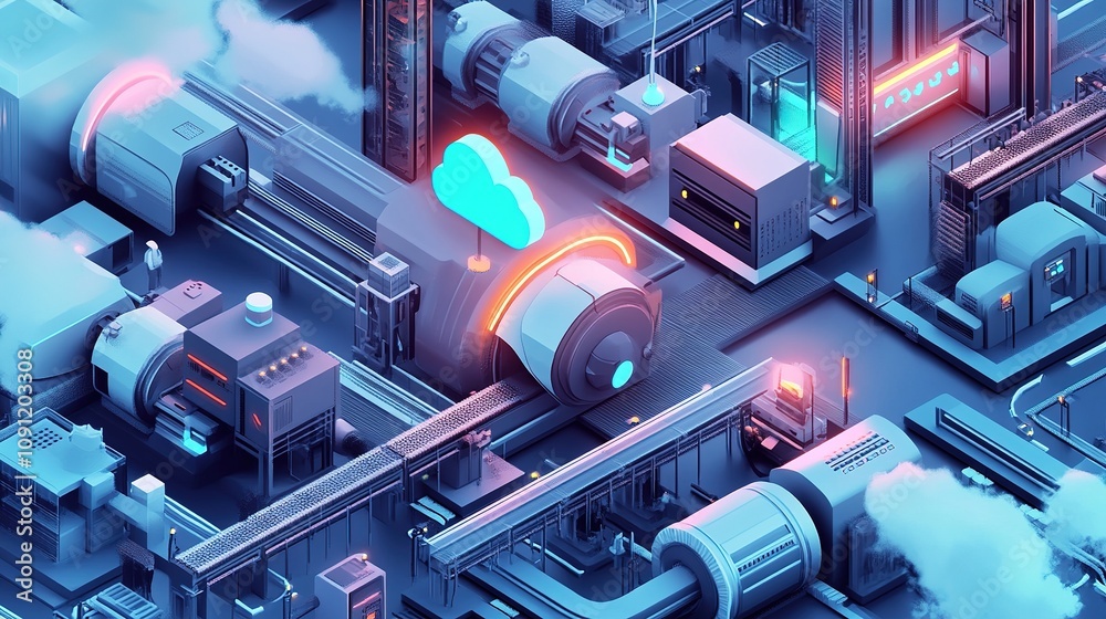 Poster a high-tech smart factory with machinery connected to a cloud-based control system.