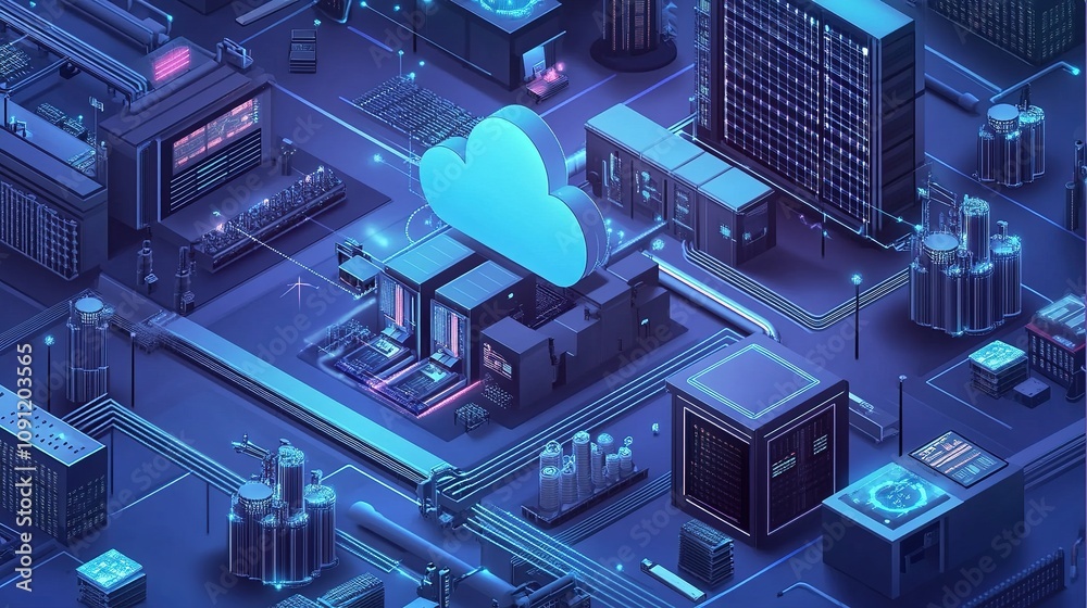 Poster a high-tech smart factory with machinery connected to a cloud-based control system.