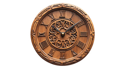 Fototapeta premium Vintage wooden wall clock with Roman numerals and intricate design.