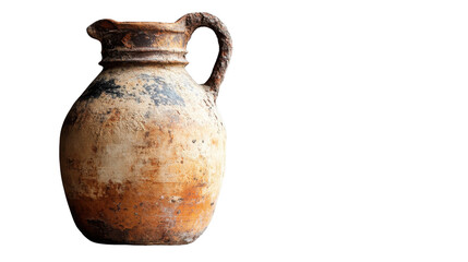 Antique ceramic jug with rustic texture, isolated on white background.