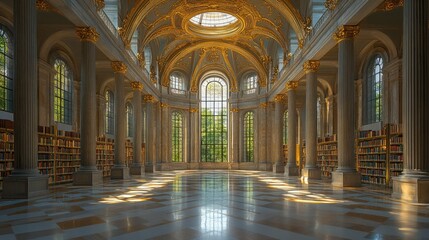 Spacious library hall with high ceilings and intricate architecture