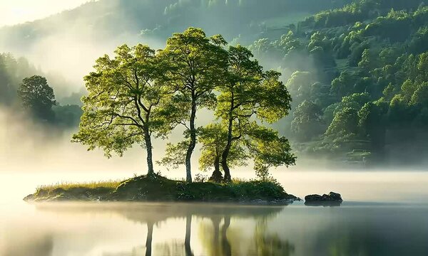 Peaceful Summer Sunshine Over Misty Rydal Water with Trees in the Background, Lake District, UK