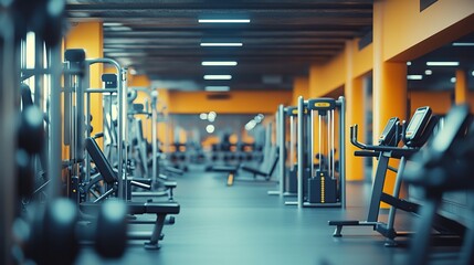 A modern gym interior with various fitness equipment and vibrant orange walls.