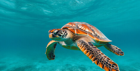 Fototapeta premium Sea Turtle Grace: A close-up portrait of a majestic green sea turtle gliding through crystal-clear turquoise water.