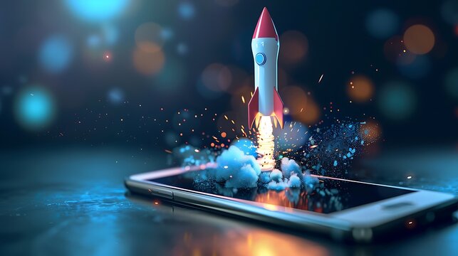 A rocket launching from a smartphone, symbolizing innovation and technology advancement.