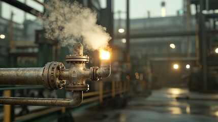 Closeup of refinery pipes, hot steam rising, fuel processing in action