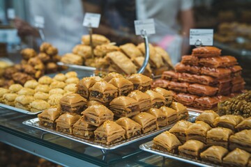 Baklava with Crispy Phyllo Layers and Sweet Nut Filling on Display at a Market