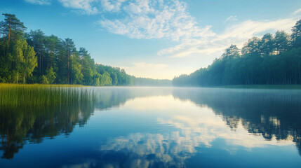 Tranquil Forest Lake with Foggy Morning Reflections