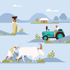 Indian Farmer In Farm Flat Vector