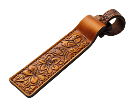Beautifully crafted leather bookmark with floral design, isolated on white background.