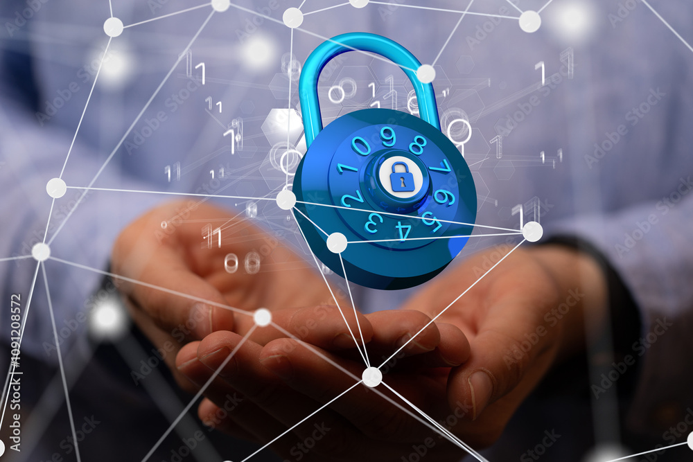Poster Security Shield concept, data protection. Shield with dots and lines connectio