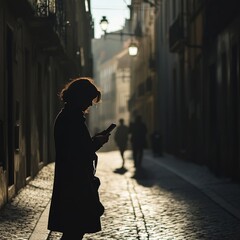 Empty street, woman alone with phone