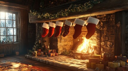 Obraz premium Cozy christmas stockings hung by a warm fireplace festive home decor inviting atmosphere holiday spirit