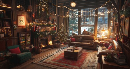 Naklejka premium Cozy christmas family gathering living room decoration showcase winter wonderland warm atmosphere togetherness concept