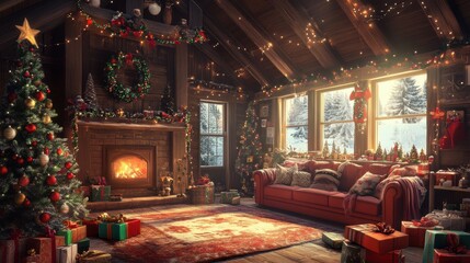 Fototapeta premium Cozy christmas family gathering with decorations in a warm cabin environment capturing holiday spirit and togetherness