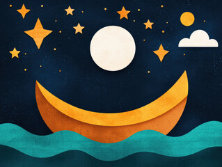 Naklejka premium A vibrant illustration of the moon and stars over stylized waves, creating a serene and imaginative night scene.