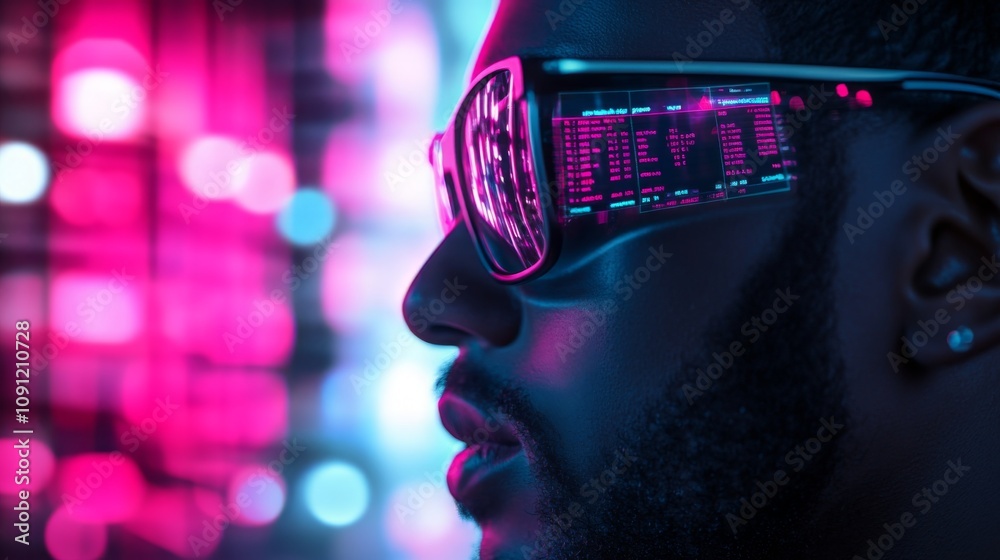 Fototapete Close-up profile view of a person wearing glasses with a heads-up display showcasing lines of digital code.