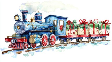 Naklejka premium A colorful vintage train adorned with festive gifts, evoking holiday cheer and nostalgia, perfect for seasonal celebrations.