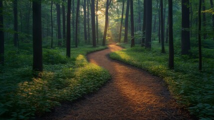 Obraz premium Golden Forest Path at Dawn