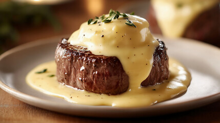 A plate of filet mignon with truffle sauce, a creamy and smooth yellowish-beige cheese sauce served on top of the steaks. The sauce has been carefully prepared. Her presentation is elegant, showcasing