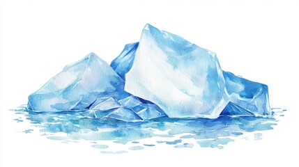 Obraz premium A serene watercolor illustration of icebergs floating in clear water, capturing the beauty and tranquility of Arctic landscapes.