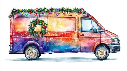 A vibrant, decorated delivery van with holiday ornaments, showcasing a cheerful festive spirit and artistic design.