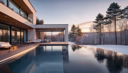 Fototapeta premium Modern Luxury Villa with Infinity Pool and Scenic Views Big Natur garden Forset at the background Winter